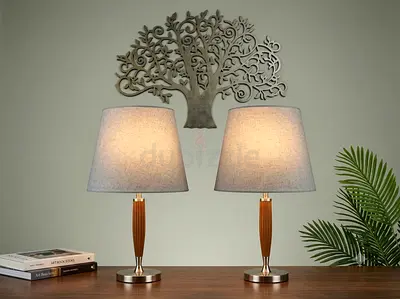 Pair of Wooden Table Lamps with Fabric Shades - Elegant Bedside Set 70cm