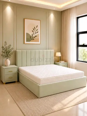 Elegant Sage Green Upholstered Bed Frame with Matching Nightstands