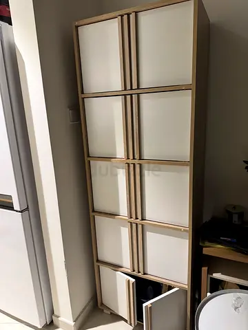 Tall multi-drawer storage cabinet / wardrobe unit - light oak & white
