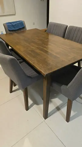 Solid Wood Dining Table with 6 Upholstered Chairs - Good Condition