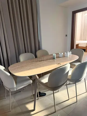 Oval wooden dining table with 6 upholstered chairs - light grey set