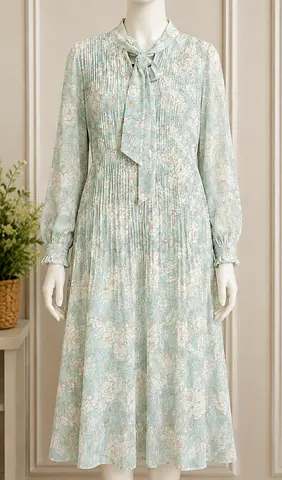 Light Green Floral Long Sleeve Midi Dress with Tie Neck