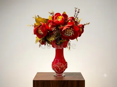 Red decorative flower arrangement in red hand crafted glass vase (20+ years old vase)