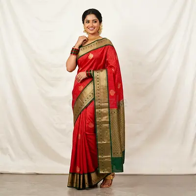 Red Silk Saree with Gold Border and Traditional Motifs