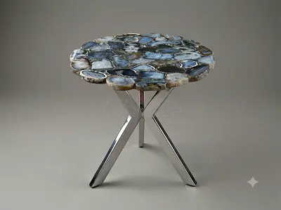 Round Agate Stone Side Table with Chrome Tripod Base (slightly damaged marble)