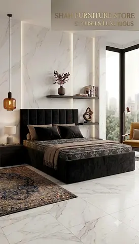 Modern Black Velvet Bed Frame with Fluted Headboard