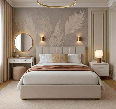 Queen upholstered bed with padded headboard in neutral beige
