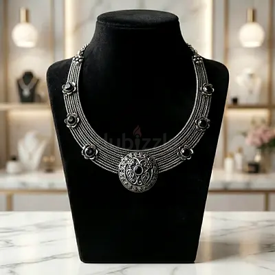 Antique-Style Silver Multi-Strand Necklace with Floral Medallion