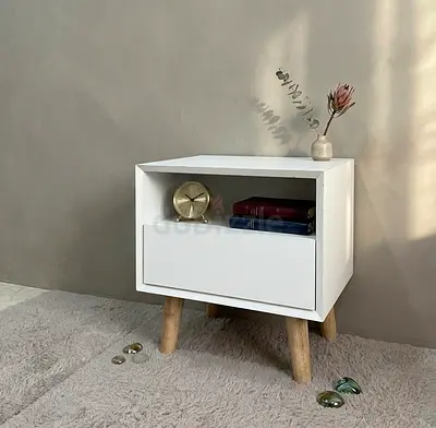 Small White Bedside Table with Drawer and Wooden Legs (2 Qty)