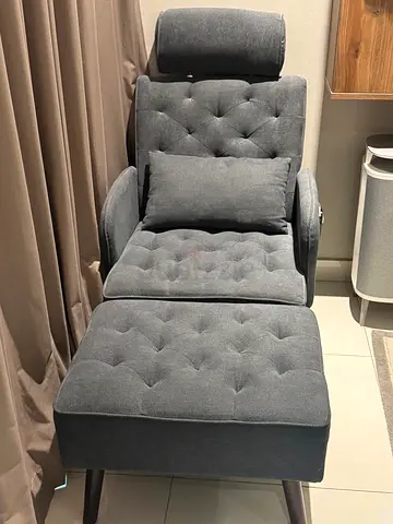 Grey Tufted Recliner Chair with Ottoman and Headrest - Good Condition
