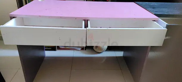 Pink and White Study Desk with Two Drawers and cable outlet.Shabia 10