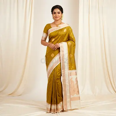Olive Green Silk Saree with Gold Zari Border