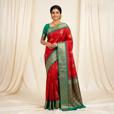 Red and Green Silk Saree with Gold Zari Border