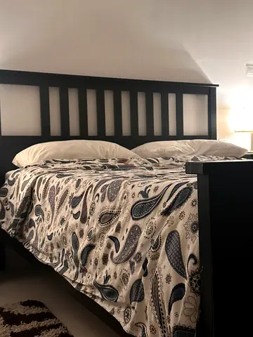wooden bed frame with mattress (dark brown) and storage cabinet from ikea