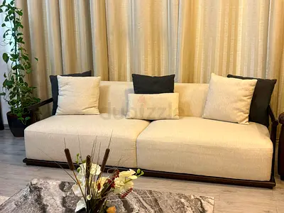Modern Neutral Fabric Sofa Set - 8 seater with Marble Center Table.