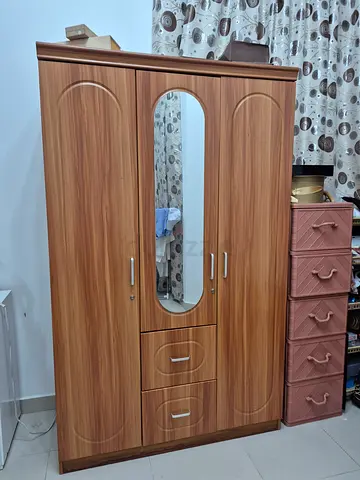3-Door Wooden Wardrobe with Mirror - Good Condition