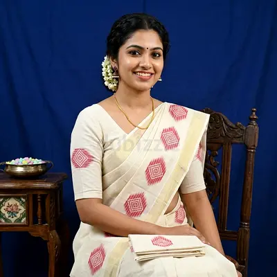 Handwoven cream cotton with pink geometric motifs Set Mundu