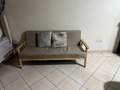 Simple wooden frame 3-seater sofa with cushions - light grey