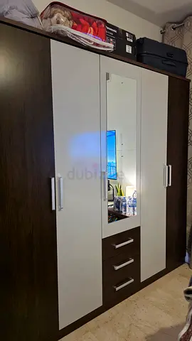 5-Door Wardrobe with Mirror — Dark Wood & White Finish