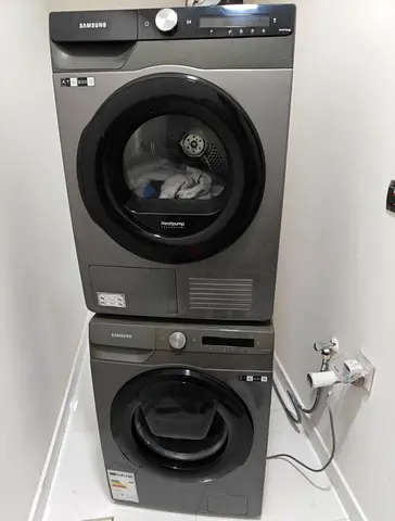 Samsung front-load washer and heat-pump dryer set - Grey, stacked, good condition