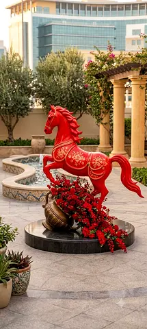 Red Decorative Horse Statue with Floral Base - Outdoor/Indoor Ornament
