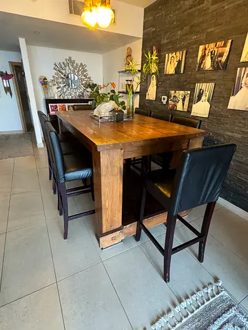 Dark Wood Dining table with 8 Chairs with Black Faux Leather Upholstery