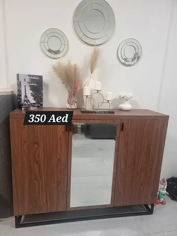 Wooden Sideboard Cabinet with Center Mirror - Good Condition (350 AED)