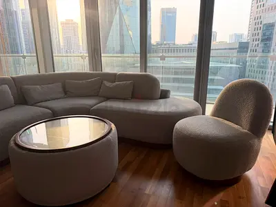Royal Furniture Curved Beige Bouclé Sofa Set with Matching Chair and Coffee Table