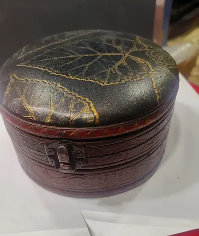 Round Leather-Top Decorative Trinket Box- 8cm