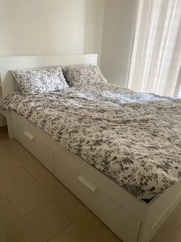 White wooden queen bed frame with mattress and floral bedding & 4 big storages