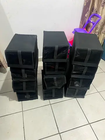 Set of 12 Black Foldable Fabric Storage Boxes with Lids
