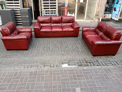 Red Leather 3-Piece Sofa Set — 3-seater, 2-seater and Armchair (Used)