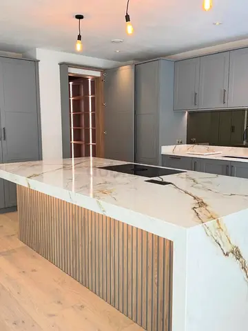 Modern Kitchen Island with Marble Top and Wood Panel
