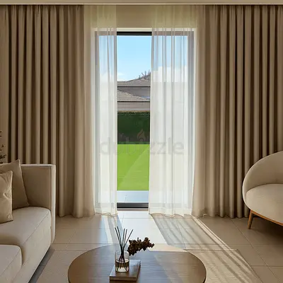 Beige floor-to-ceiling curtains with sheer inner panels - set of drapes par meter only 55 dh each
