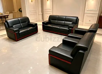 Black Leather Sofa Set with Wooden Trim - 3-seater + 2-seater + 2 Armchairs