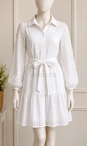 White Eyelet Shirt Dress with Belt - Size M (Lightweight, Long Sleeves)
