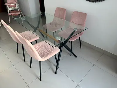 Modern Glass Dining Table with 4 Pink Velvet Chairs
