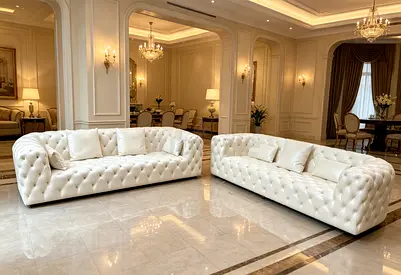 Pair of White Chesterfield Leather Sofas 3+3