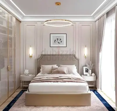 Modern upholstered double bed with bedside tables in full set