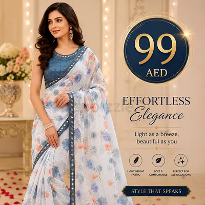 White Floral Printed Saree with Blue Border
