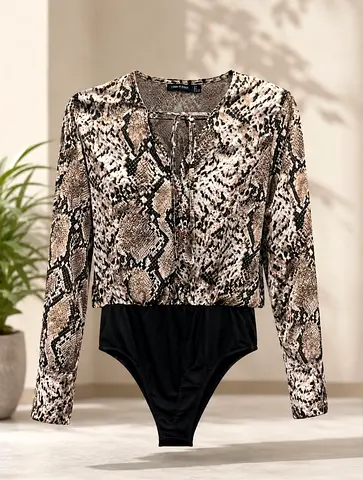Women's Snake Print Long-Sleeve Bodysuit, Size M