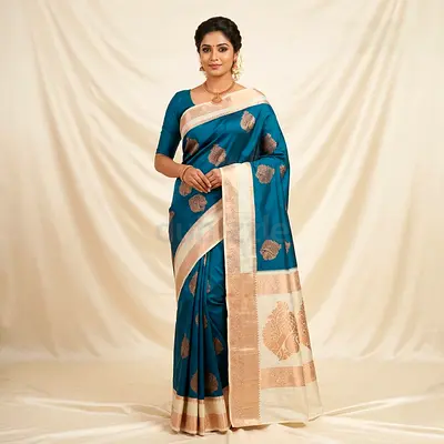 Teal Silk Saree with Gold Zari Border
