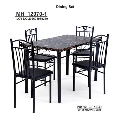 4-Seater Dining Table Set with Marble-Effect Top and Metal Frame