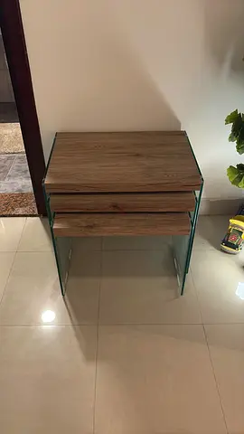 Glass-sided bedside table with wood finish top