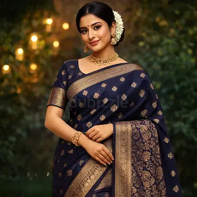 Navy Blue Banarasi Silk Saree with Gold Motifs