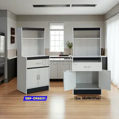 White freestanding kitchen storage cabinet with drawers and shelves