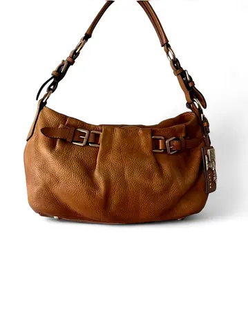 Authentic Prada Vitello Daino Shoulder Bag Cognac Brown with Cityscape Charm - Vintage