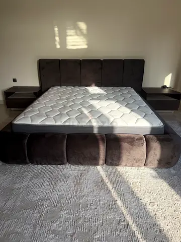 King size upholstered bed frame with mattress and side tables