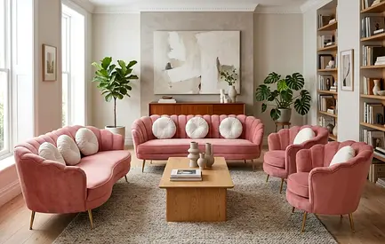 Pink Velvet 3-Piece Sofa Set with Accent Chairs — Good Condition