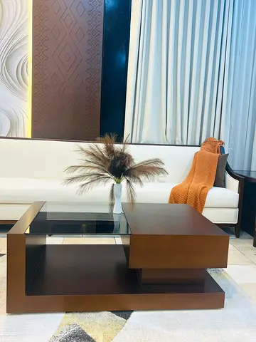 Modern Coffee Table with Tempered Glass Top – Dark Walnut Finish
